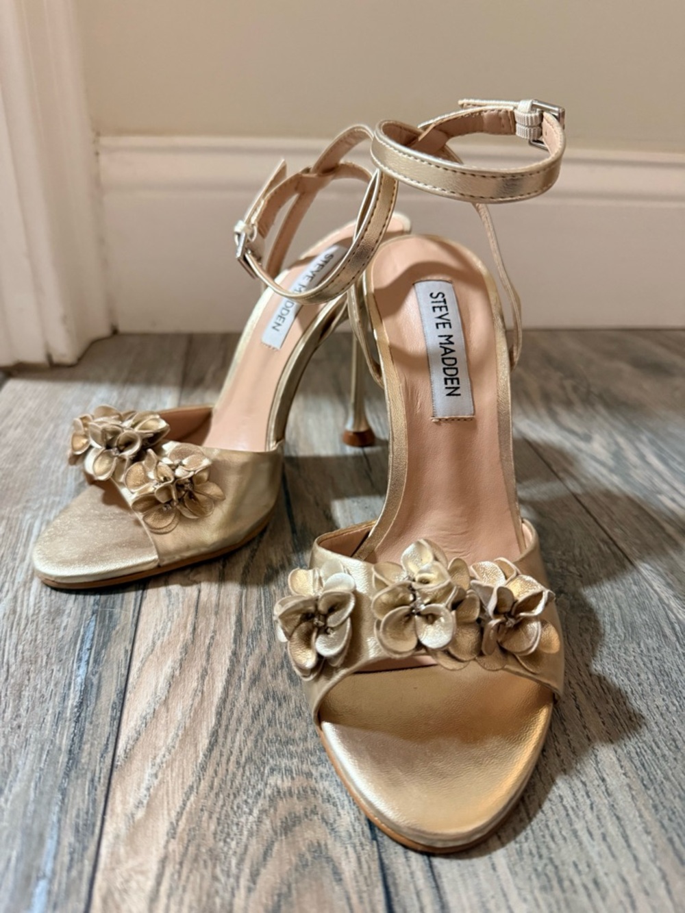 Steve Madden Metallic Gold Floral Ankle-Strap Heels